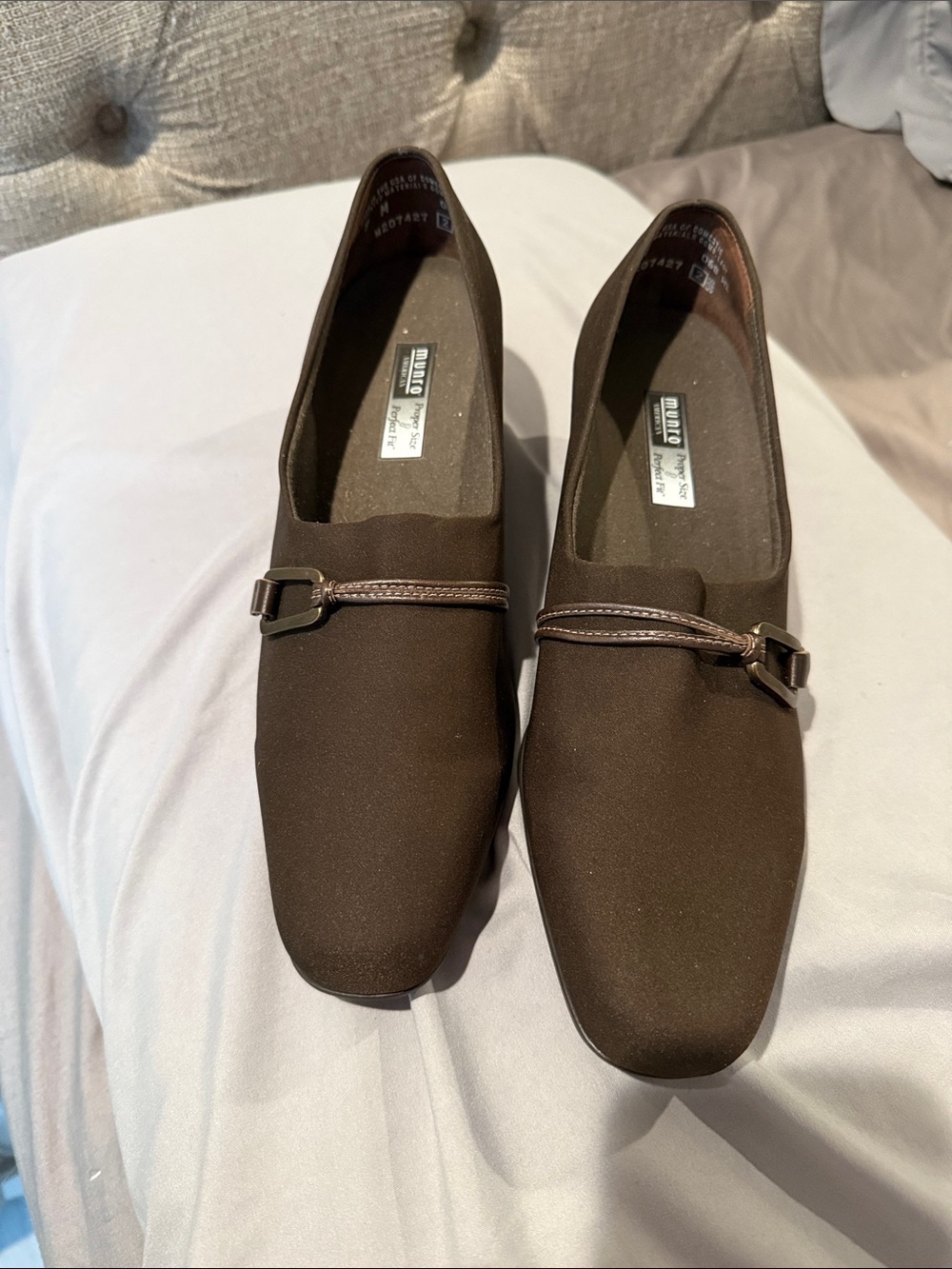 Munro Brown Square-Toe Slip-On Loafers with Buckle Accent